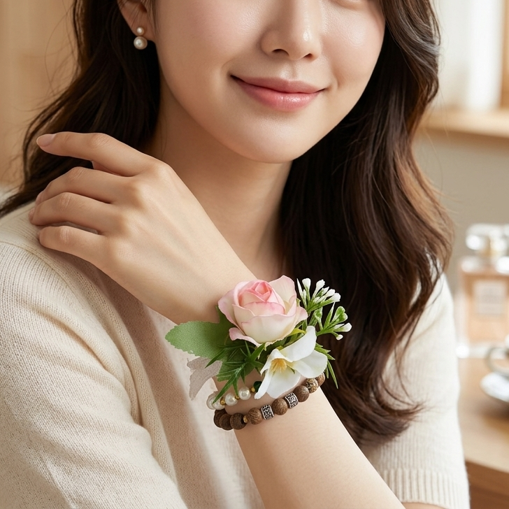 가더GADE 6BE 브라이덜샤워 꽃팔찌 조화팔찌 손목코사지 셀프웨딩 파티 이벤트용품 촬영소품 드레스코디 - 상품 이미지