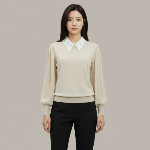 엄마옷 조이마담 T51840 레이스카라 쉬폰 니트 블라우스 중년여성의류 - 상품 이미지