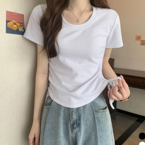 데일리 여성 반팔 티셔츠 스트링 셔링 티셔츠 라운드 여름 - 상품 이미지