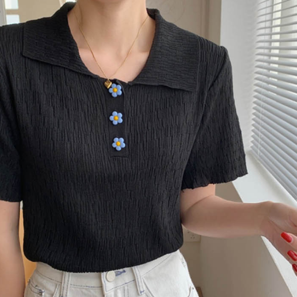 루즈핏 여성 반팔 티 플라워 카라 티 데일리룩 여름 - 상품 이미지