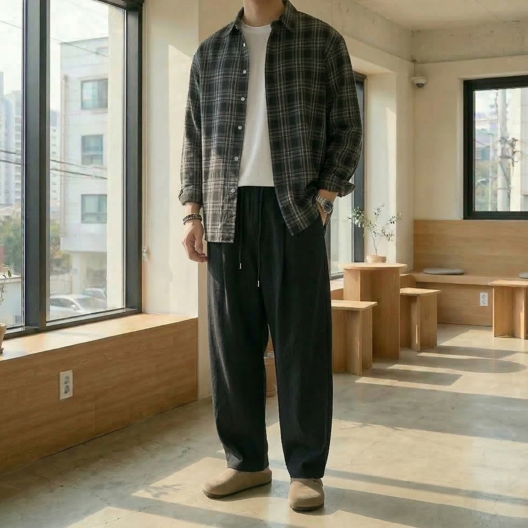 남자 투턱 커브드 와이드 생지 밴딩 데님 팬츠 - 상세 이미지 5