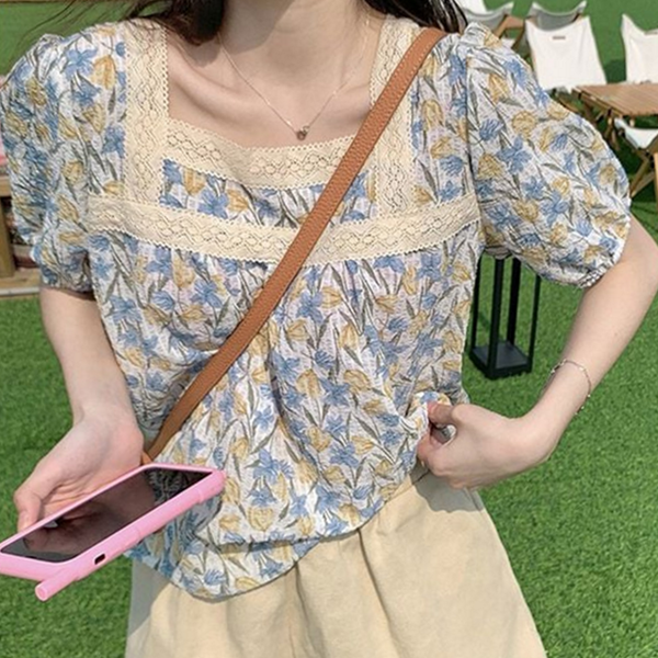 루즈핏 여성 플라워 블라우스 스퀘어넥 플라워 상의 반팔 여름 - 상품 이미지