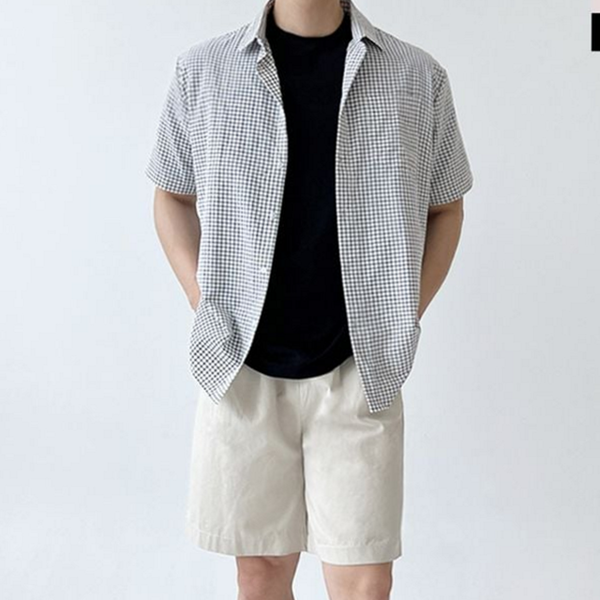 루즈핏 남성 시어서커 셔츠 캐주얼 남성 체크 셔츠 반팔 여름 - 상품 이미지
