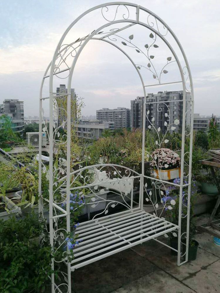 정원 아치문 야외 고급 철제 벤치형 등받이 곡선 넝쿨프레임 잎사귀 문양 식물 지지대 빈티지 워싱 그린 대형 - 상세 이미지 2