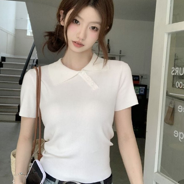 슬림핏 여성 반팔 티셔츠 캐주얼 카라 티셔츠 라운드 데일리 여름 - 상품 이미지