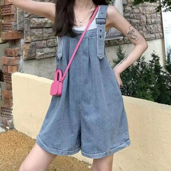 와이드 여성 멜빵 바지 데님 여성 반바지 멜빵 캐주얼 여름 - 상품 이미지
