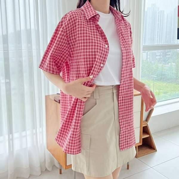 루즈핏 여성 체크 셔츠 시어서커 여성 오버핏 셔츠 여름 데일리 - 상품 이미지