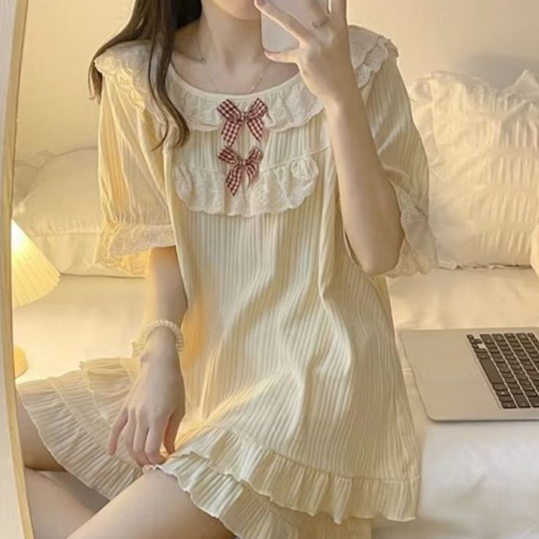 프릴 여성 잠옷 리본 여성 홈 웨어 파자마 투피스 반바지 - 상품 이미지