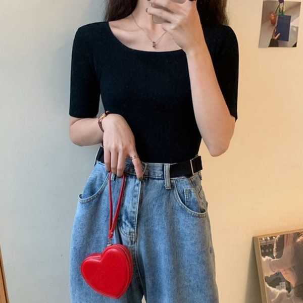 데일리 여성 반팔 티셔츠 스퀘어넥 여성 슬림핏 티셔츠 여름 상의 - 상품 이미지