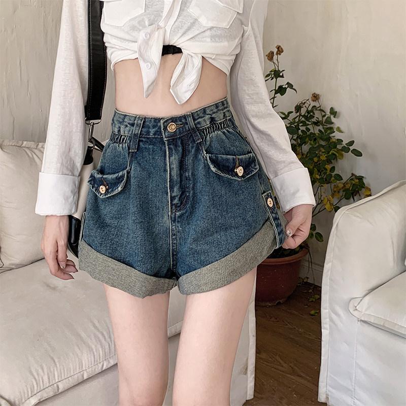 롤업 데님 반바지 하이웨스트 빈티지 청반바지 여름 와이드 여성 팬츠 쇼츠 - 상품 이미지