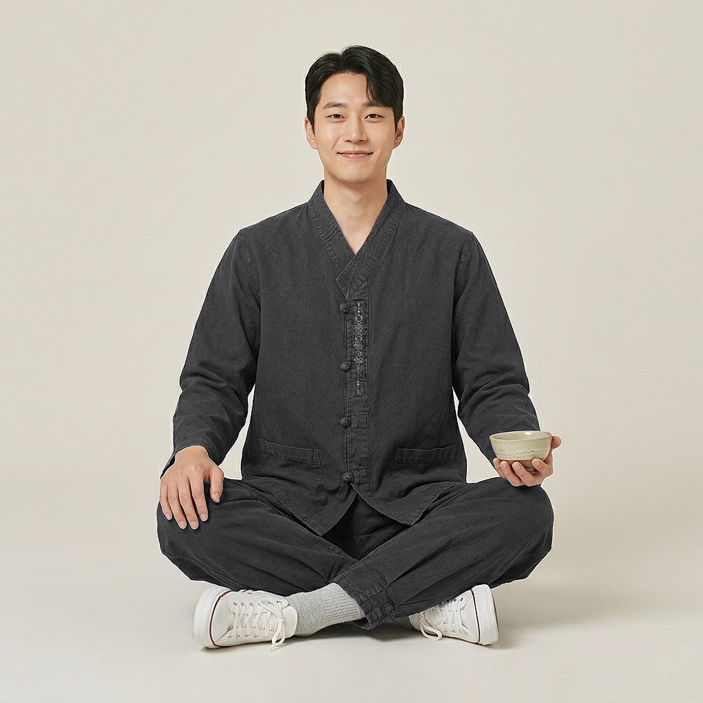 봄 가을 생활한복 저고리 바지 세트 달꽃문자수 남녀공용 면 100% 상품 이미지