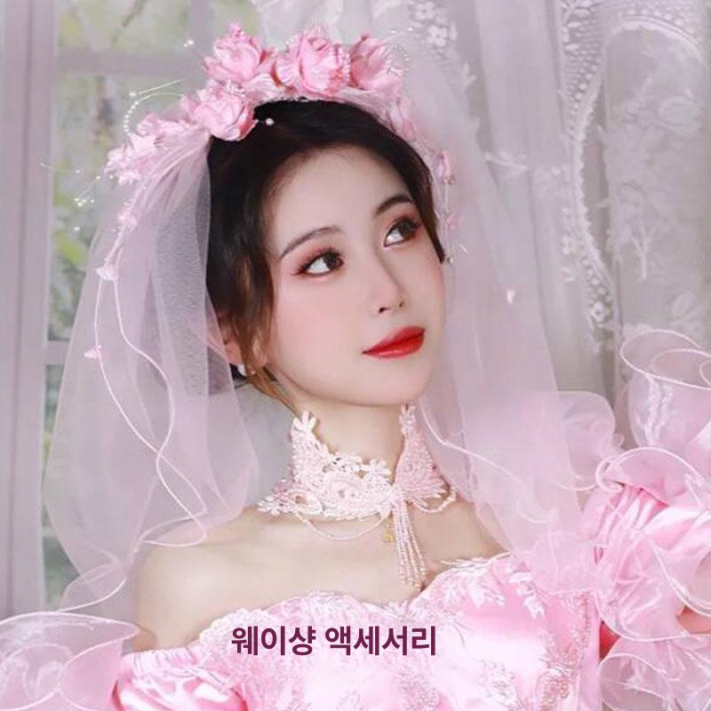 면사포 레트로 베일 꽃송이 웨딩촬영 헤어장식 복고풍 핑크 플라워 60cm-80cm - 상세 이미지 2