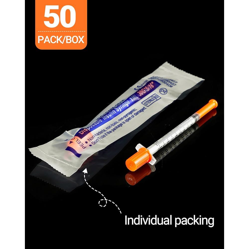 바늘 50 팩이 포함된 U-100 인슐린 주사기 - 1cc 30g 5/16인치(8mm) 실험실 주사기, 개별 포장 30G 50.0 - 상세 이미지 2