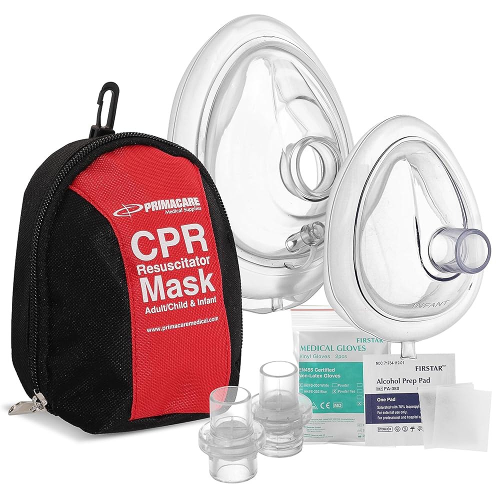 성인 및 용 프리마케어 RS-6848 응급 소생기용 응급처치 CPR 마스크 콤보 키트, 밸브 2개, 비닐 장갑, 알코올 준비 패드 휴대용 케이스 포함 - 상품 이미지