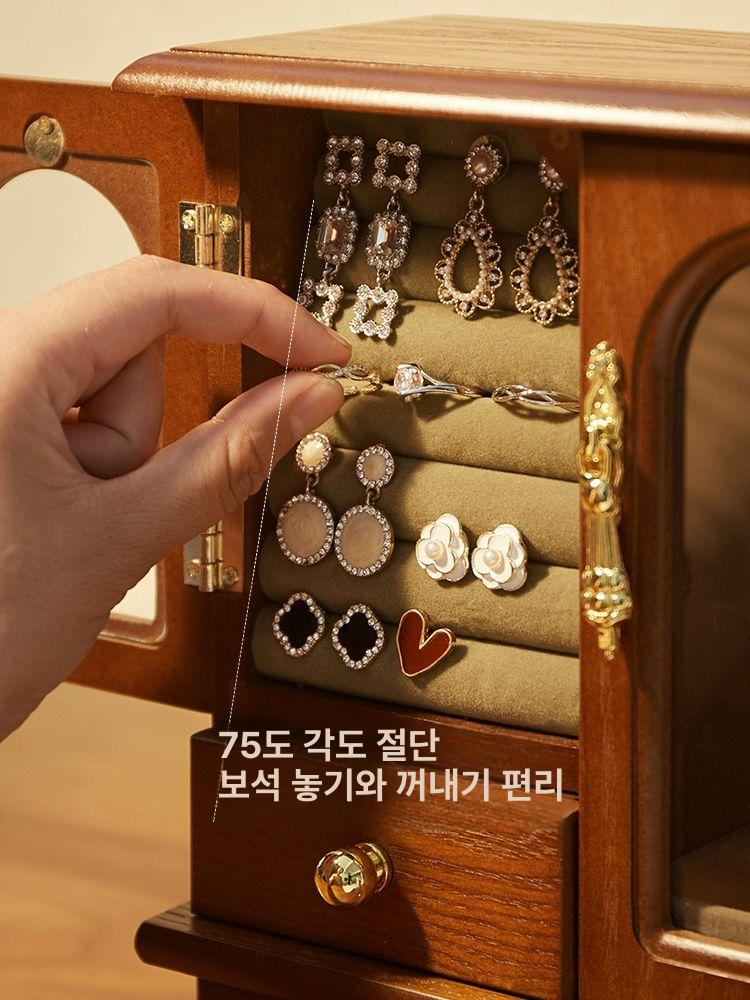 원목악세사리보관함 보석함 귀걸이 반지 정리함 고급 엔틱 유리문 다단 서랍형 목걸이 팔찌 듀얼 블랙월넛 그레이그린 - 상세 이미지 3