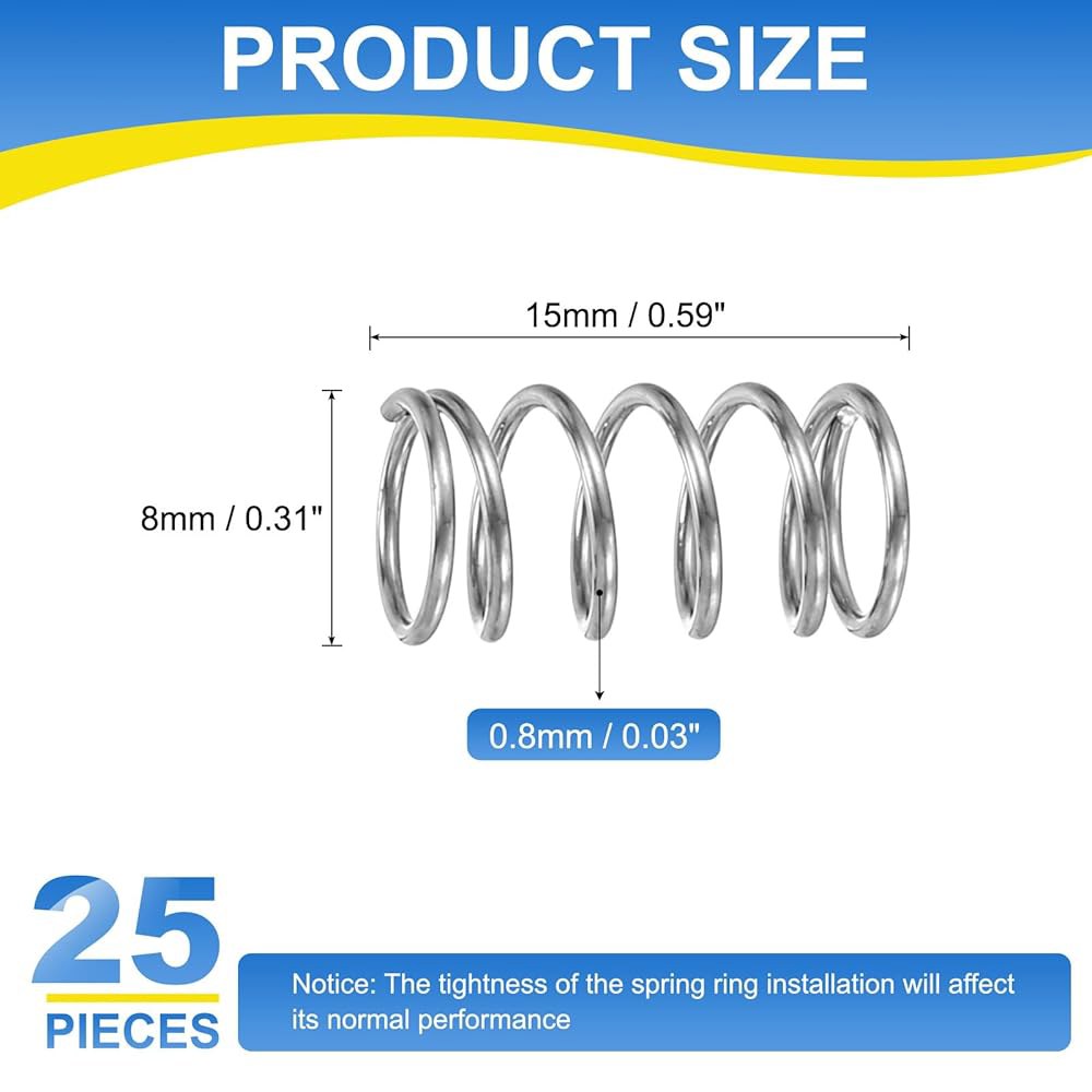 uxcell 25Pcs 압축 스프링, 304 스테인리스 스틸 8mm OD 0.8mm 와이어 15mm 길이의 기계식 실버 1 3mm OD 0.4mm Wire 40mm - 상세 이미지 2