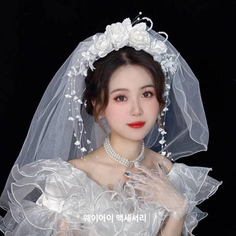 면사포 레트로 베일 꽃송이 웨딩촬영 헤어장식 복고풍 핑크 플라워 60cm-80cm - 상세 이미지 5