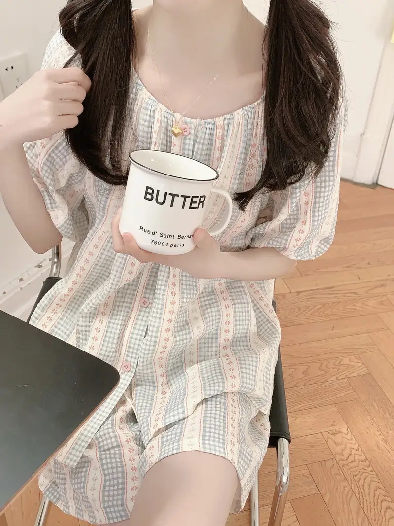플라워 반팔 원피스잠옷 순면 지지미 빅사이즈 임산부 수유 홈웨어 파자마 여름 이미지 8