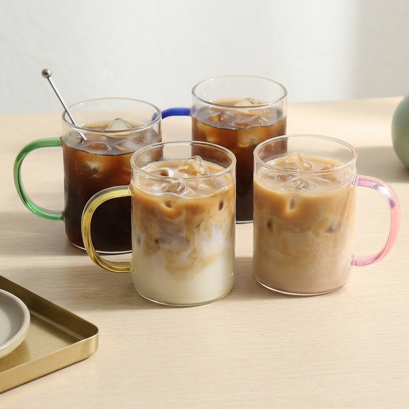 내열 손잡이 유리잔 세트 커피잔 티머그 집들이컵 430ml, 4개, 혼합 - 상품 이미지