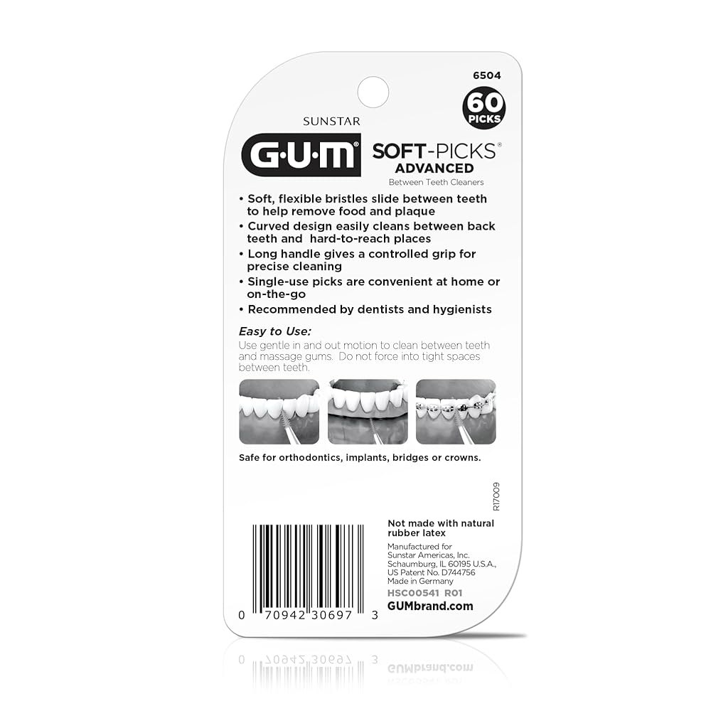 GUM 소프트픽 고급, 치아 청소 및 잇몸 을 위한 치과용 픽, 편리한 휴대용 케이스가 포함된 일회용 치간 브러시, 치과 의사 추천 60 카운트(3팩) 총 180개 - 상세 이미지 3