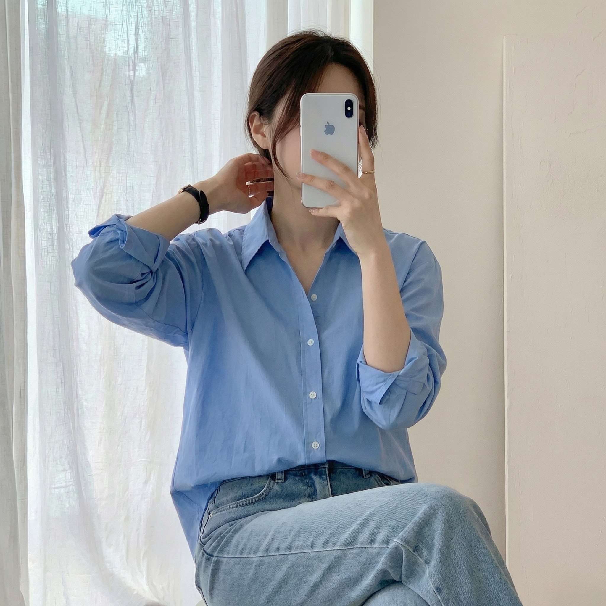 소라색셔츠 흰셔츠 흰남방 흰색블라우스 - 상세 이미지 3