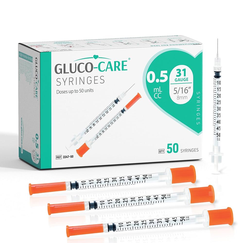 글루코케어 0.5ml /cc 주사기 31G x 5/16 u2019 (8mm), 오렌지 캡, 50개들이 상자 - 상품 이미지