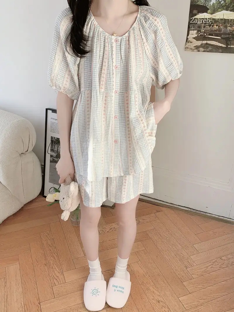플라워 반팔 원피스잠옷 순면 지지미 빅사이즈 임산부 수유 홈웨어 파자마 여름 이미지 7
