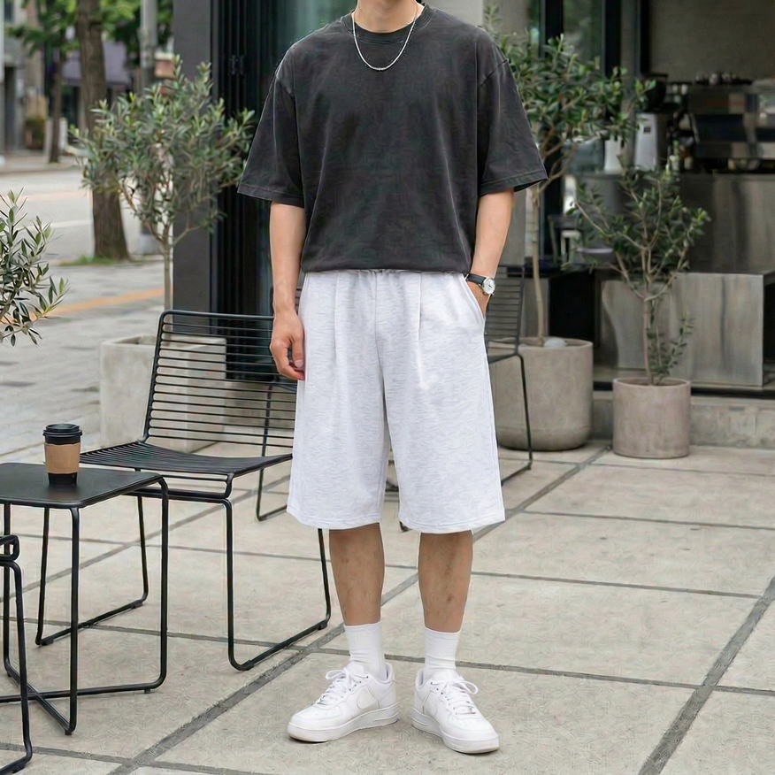 남자 스웨트 버뮤다 팬츠 원턱 절개 트레이닝 7부 밴딩 반바지 이미지 7