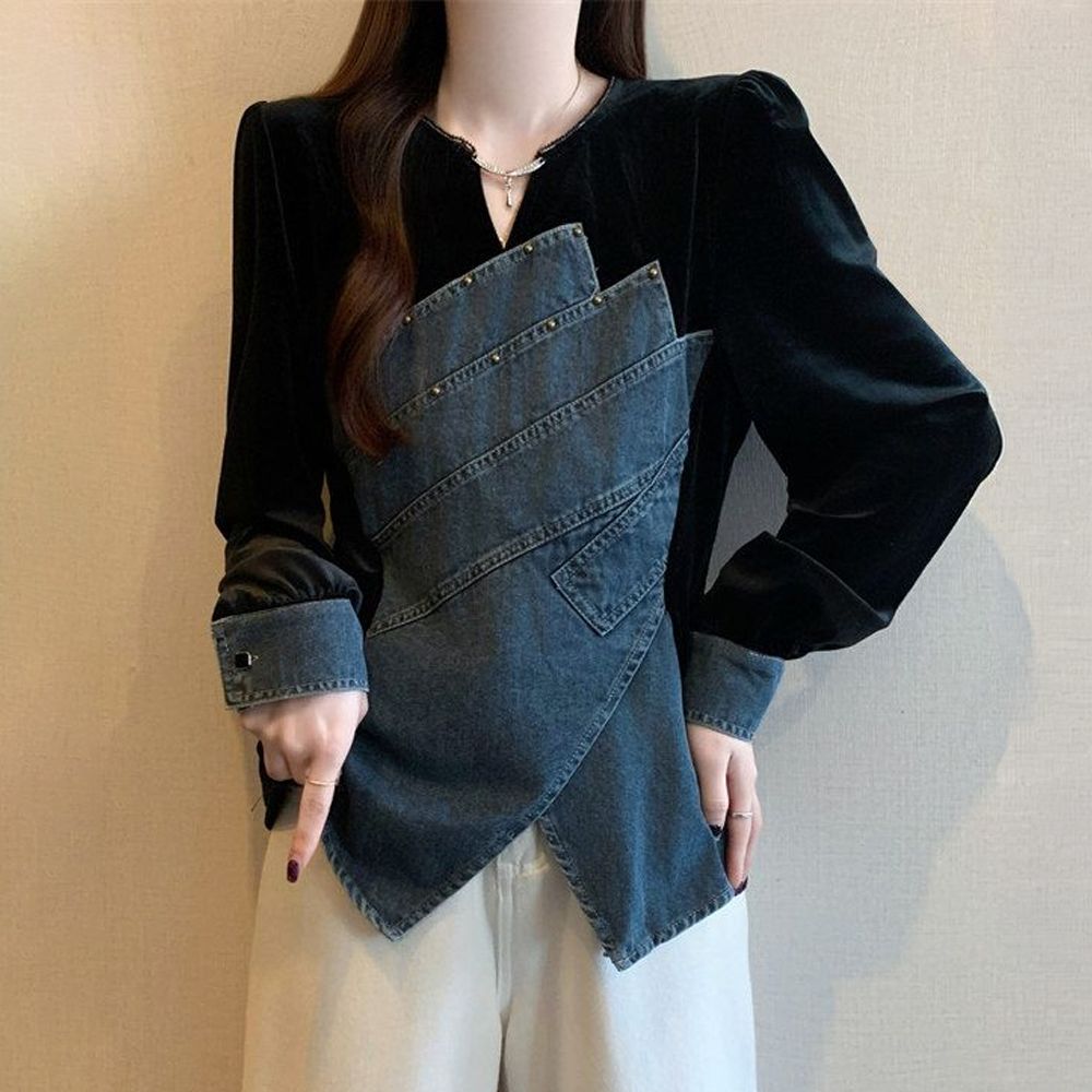 데님 배색 벨벳 V넥 긴팔 블라우스 여성 루즈핏 체형커버 언발 상의 - 상품 이미지