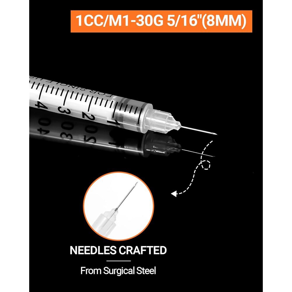 바늘 50 팩이 포함된 U-100 인슐린 주사기 - 1cc 30g 5/16인치(8mm) 실험실 주사기, 개별 포장 30G 50.0 - 상세 이미지 3