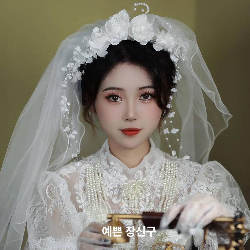 면사포 레트로 베일 꽃송이 웨딩촬영 헤어장식 복고풍 핑크 플라워 60cm-80cm - 상세 이미지 4