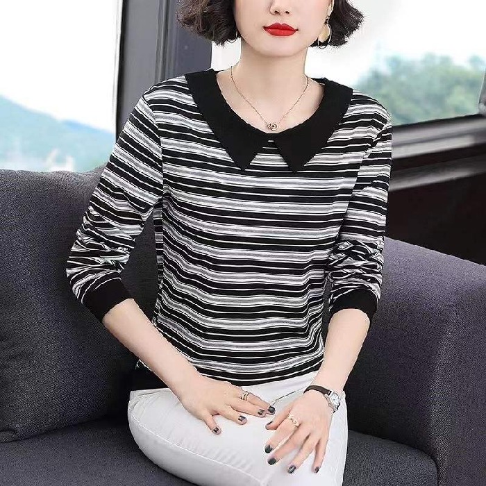 엄마 티셔츠 중년여성 라운드넥 긴팔 이너 면 티 50대 - 상세 이미지 3