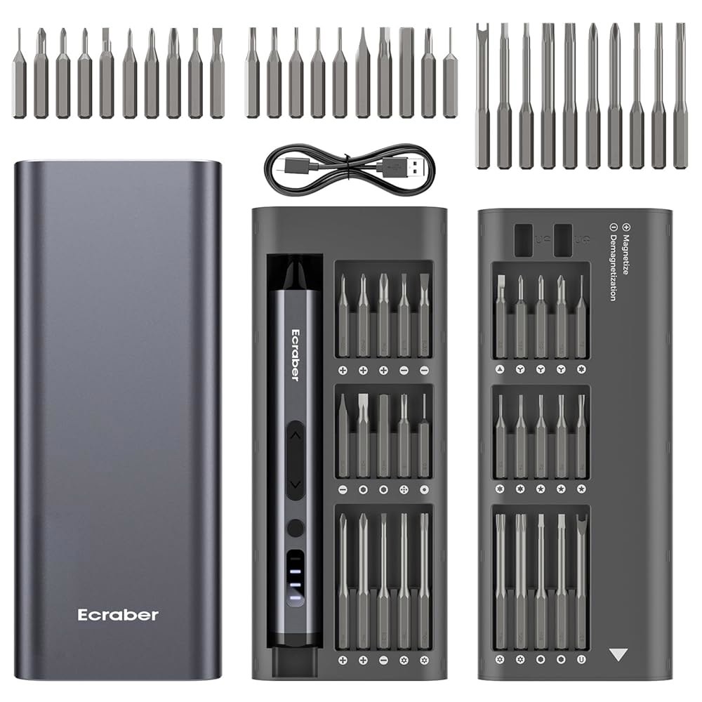 에크라버 34-in-1 미니 전기 정밀 드라이버 세트, 30pcs S2 마그네틱 비트, 4개의 LED 조명, 5개의 토크 설정 수리 도구 키트, 휴대폰, 시계, 드론, 컴퓨터, - 상품 이미지