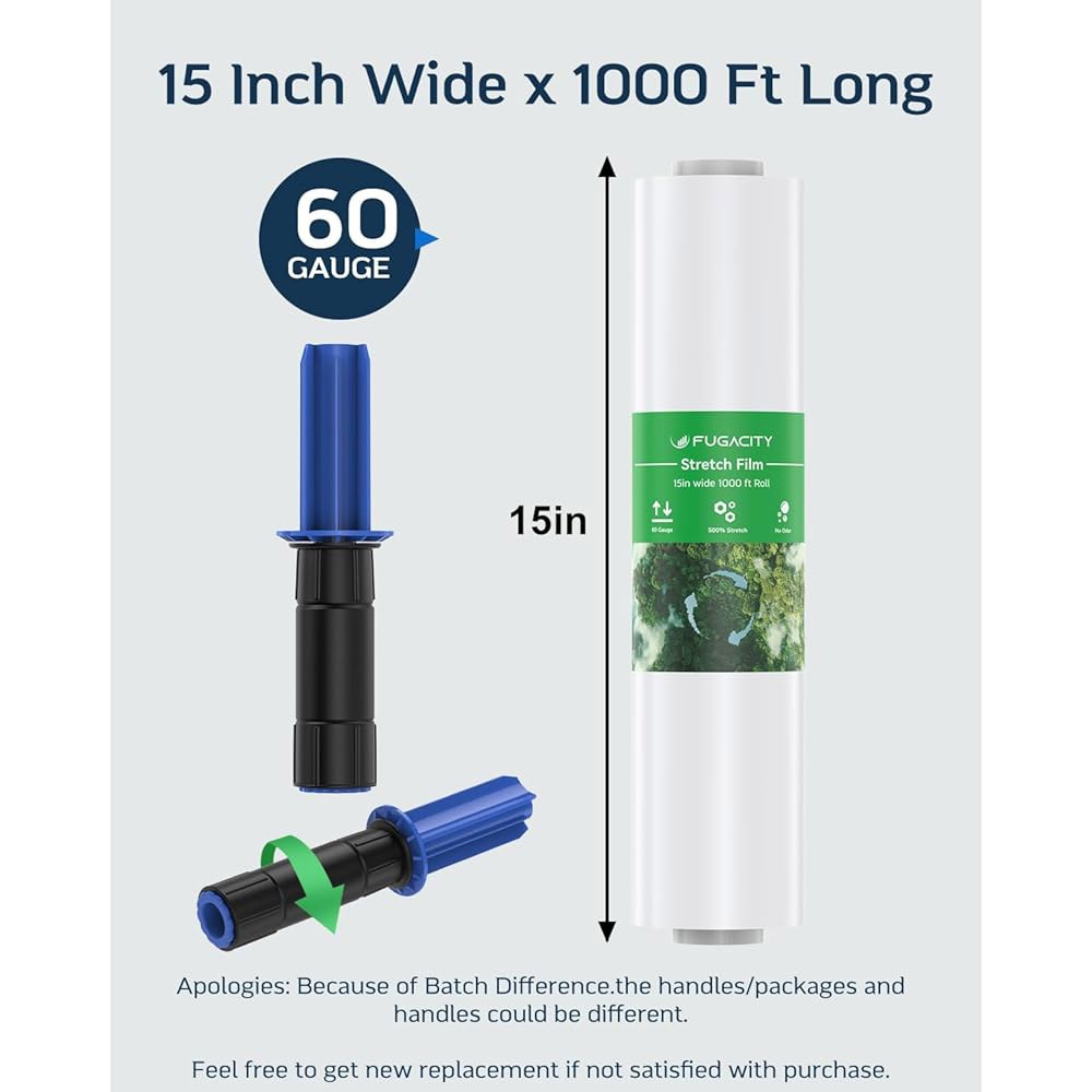 FugaCity 스트레치 랩 필름-15인치 1000피트 60게이지 수축 팔레트 랩, 손잡이가 있는 산업 강도 1롤 이동 용품 플라스틱 롤, 500 스트레치, 투명 - 상세 이미지 2