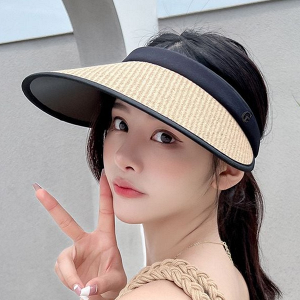 와이드 여성 라탄 썬 캡 돌돌이 여름 라탄 썬 캡 - 상품 이미지