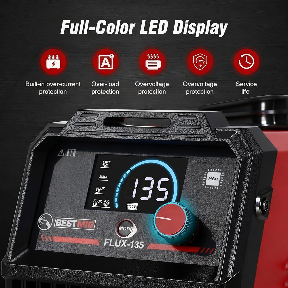 BESTMIG 135A MIG 용접기 - 3-in-1 플럭스 코어 용접기, / 트 TIG 스틱 휴대용 IGBT 인버터 110V 헬멧 및 장갑(레드 블랙, 용접기) - 상세 이미지 2