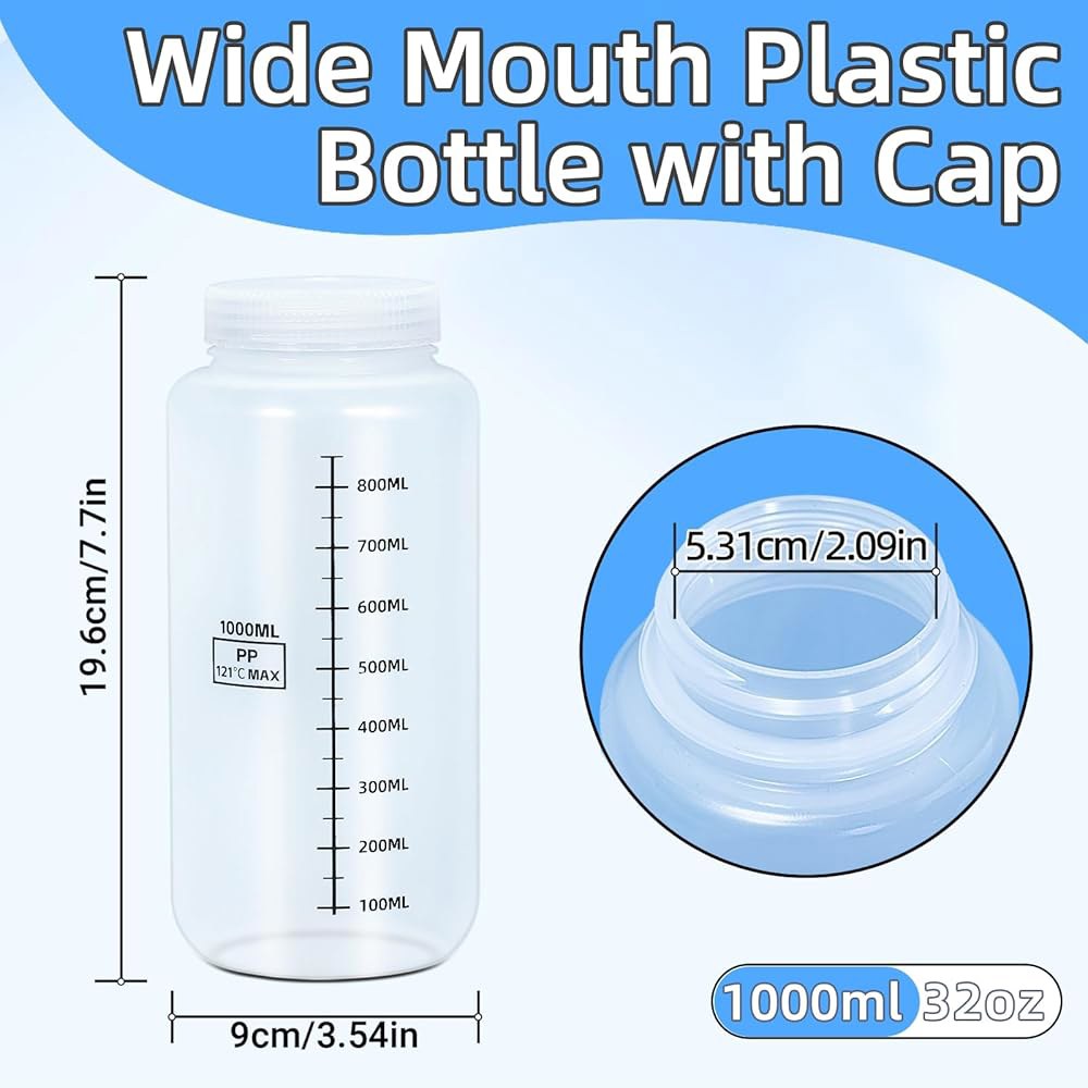 밀폐 캡 32온스/1000ml, 식품 등급 와이드 입 액체 용기, 물 실험실 시약 혼합용 재사용 가능한 PP 플라스틱 병(클리어, 2개)이 포함된 DEMORA - 상세 이미지 2