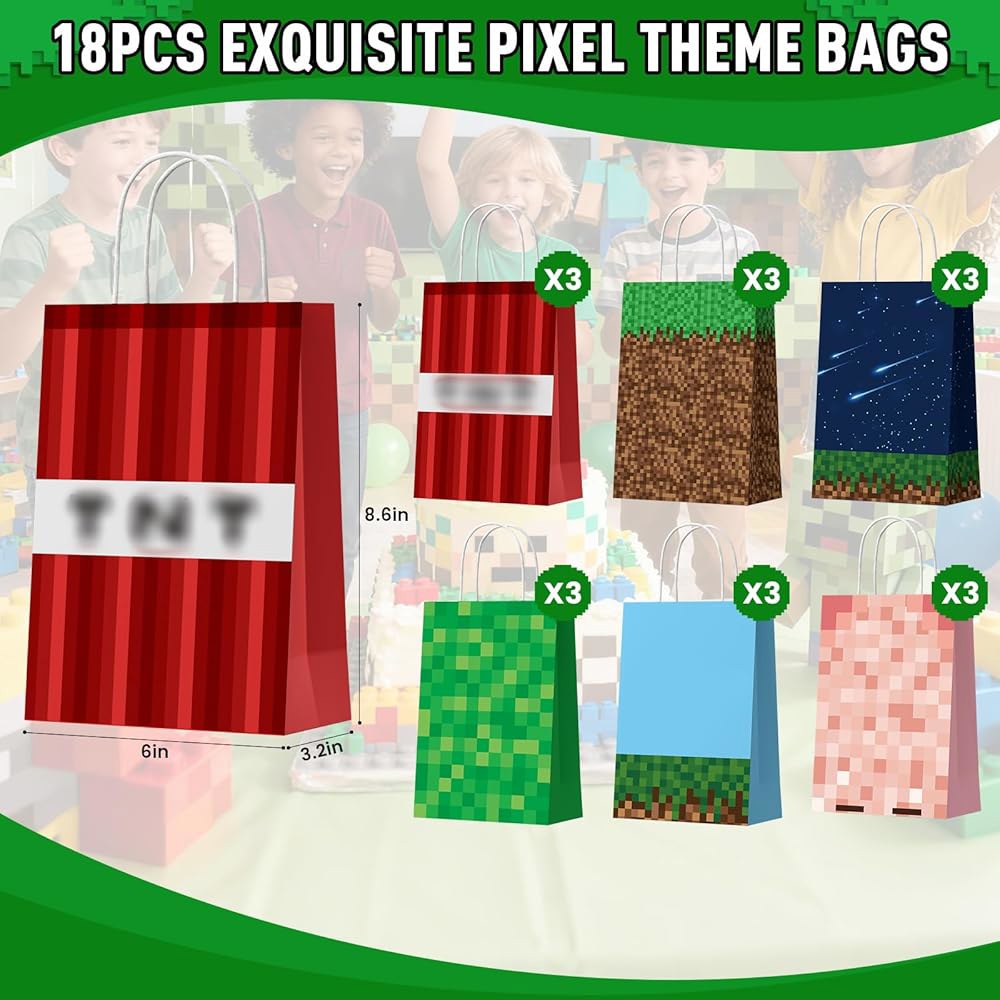EARTH SCODE 18PCS 픽셀 파티 선호 가방 손잡이 포함, 4PCS 임시 타투 스티커, 비디오 게임 테마의 굿이 가방, 생일 장식 용품 세트용 사탕 선물 - 상세 이미지 3