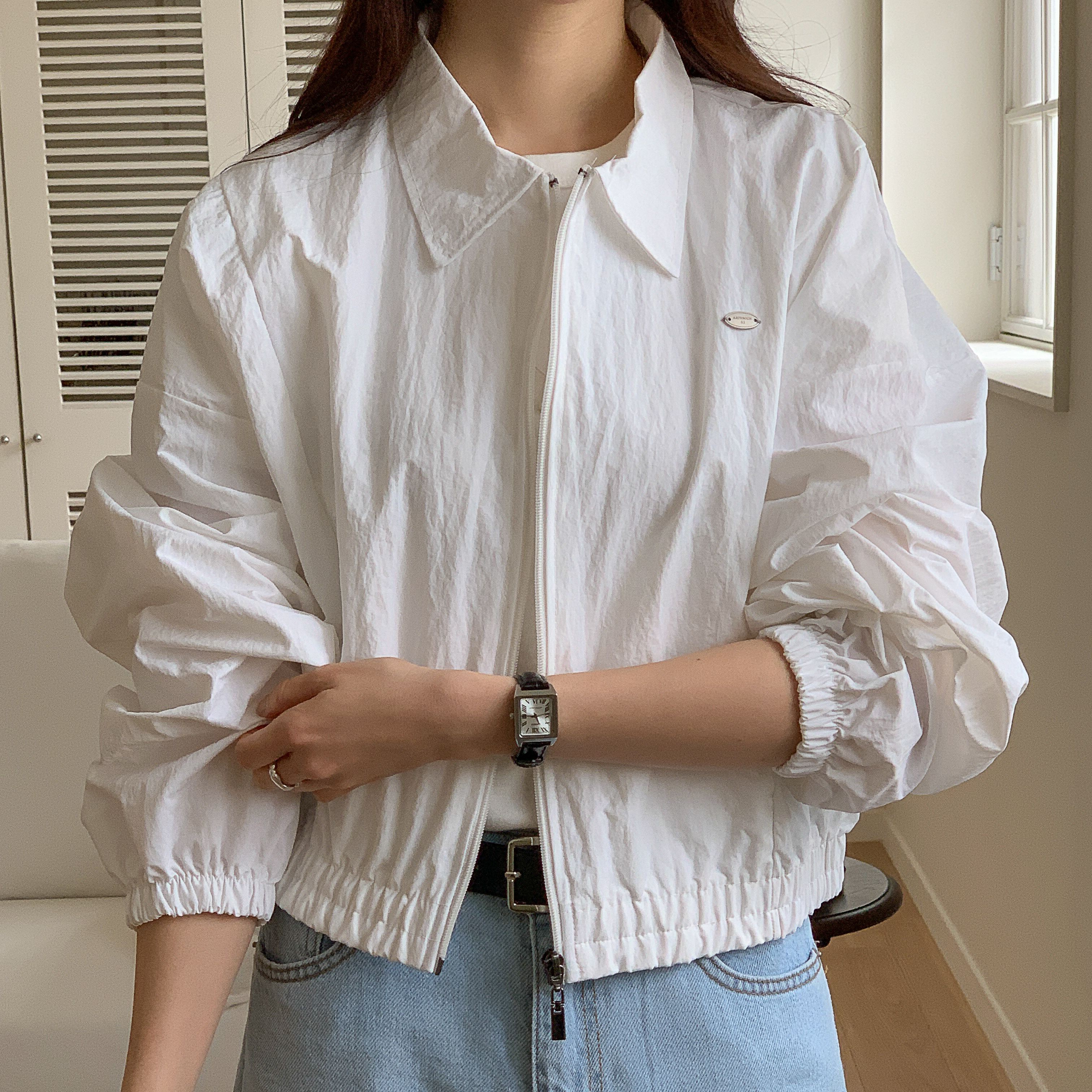 여성 나일론 카라 바람막이 데일리 러닝 루즈핏 크롭 윈드브레이커 - 상품 이미지
