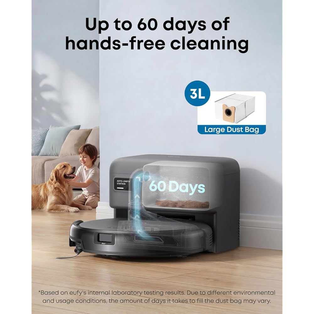 eufy C10 로봇 진공 셀프 비우기, 8주간 핸즈프리, LiDAR 내비게이션을 통한 고급 스마트 매핑, 2.85인치 슬림 디자인, 강력한 흡입력, 반려동물 털을 위한 가장자리 - 상세 이미지 2