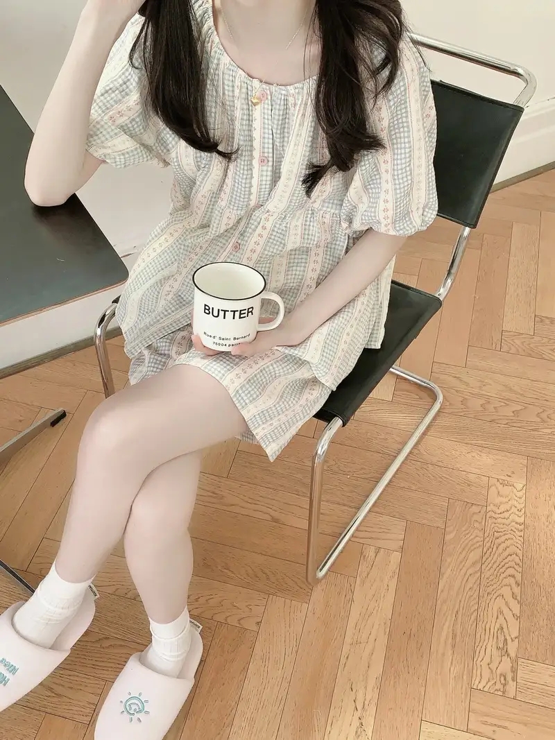 반팔잠옷 반바지 플라워 순면 지지미 루즈핏 수유 홈웨어 파자마 여름 - 상세 이미지 3