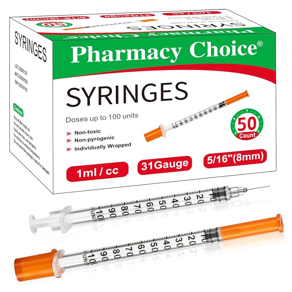 약국 선택 1ml 31 게이지 5/16인치 8mm 주사기, 개별 포장, 50PACK - 상품 이미지