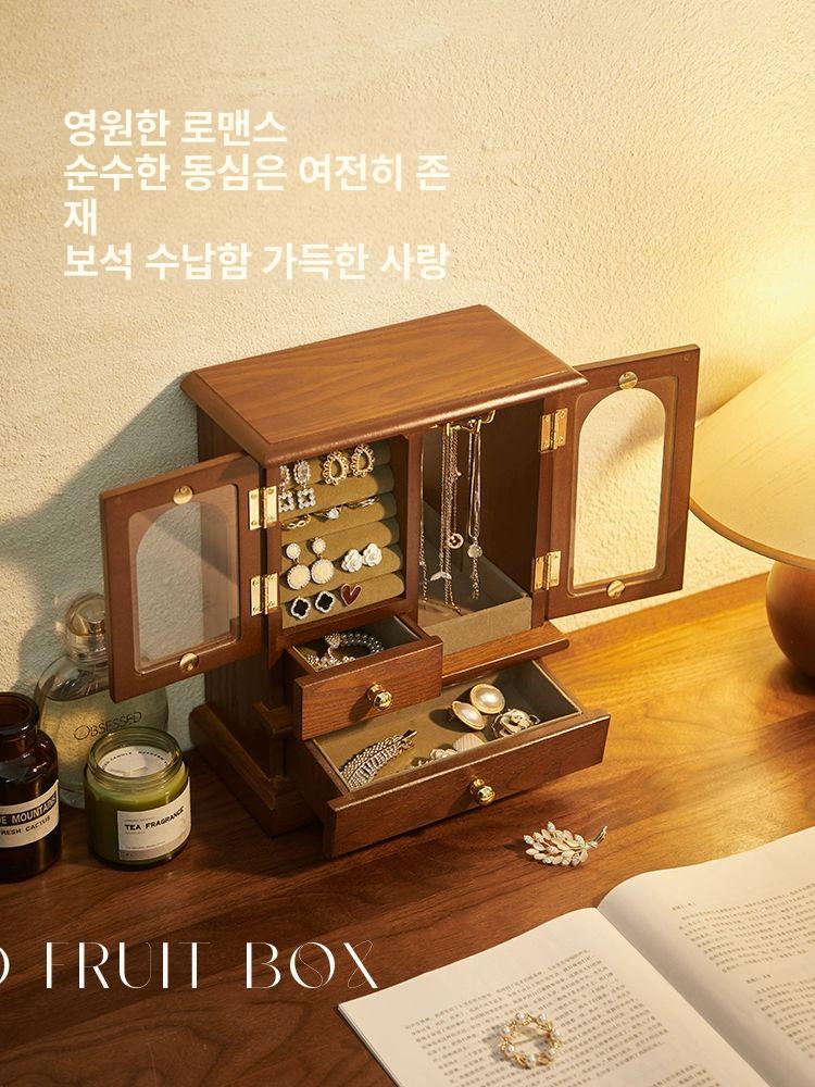 원목악세사리보관함 보석함 귀걸이 반지 정리함 고급 엔틱 유리문 다단 서랍형 목걸이 팔찌 듀얼 블랙월넛 그레이그린 - 상세 이미지 2