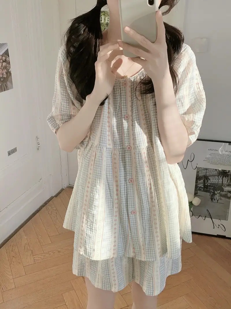 반팔잠옷 반바지 플라워 순면 지지미 루즈핏 수유 홈웨어 파자마 여름 이미지 6