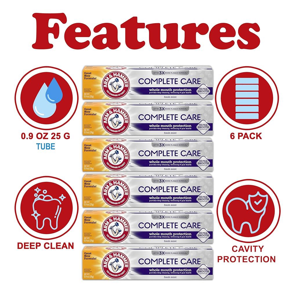 ARM & HAMMER 치약, 구강 전체 보호 완료, 6팩, 신선한 민트, 베이킹 소다를 포함한 충치 방지 불소 미백 에나멜 강화 페이스트, 여행용 사이즈 0.9온스 - 상세 이미지 2