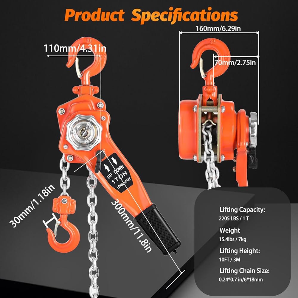 킬레바이 레버 체인 호이스트 1톤 2205LBS 용량, 10피트 트, 수동 래칫 풀러 2개로 차고 창고 자동차 기계 제작을 위한 후크 2개 포함 - 상세 이미지 2
