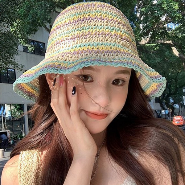 컬러버킷 여성 버킷 햇 뜨개 여름 밀짚 모자 휴양지 해변 - 상품 이미지