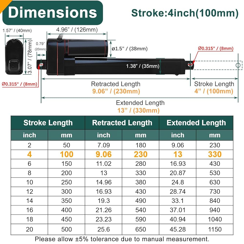 JQDML 4인치 스트로크 선형 액추에이터 12V 헤비 듀티 440lbs /2000N IP65 방수 전기 속도 0.31 /초(장착 브래킷 포함) 2 440lbs - 상세 이미지 2