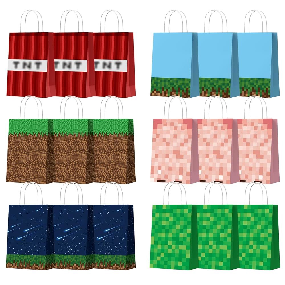 EARTH SCODE 18PCS 픽셀 파티 선호 가방 손잡이 포함, 4PCS 임시 타투 스티커, 비디오 게임 테마의 굿이 가방, 생일 장식 용품 세트용 사탕 선물 - 상품 이미지