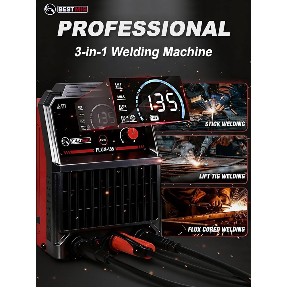 BESTMIG 135A MIG 용접기 - 3-in-1 플럭스 코어 용접기, / 트 TIG 스틱 휴대용 IGBT 인버터 110V 헬멧 및 장갑(레드 블랙, 용접기) - 상세 이미지 3
